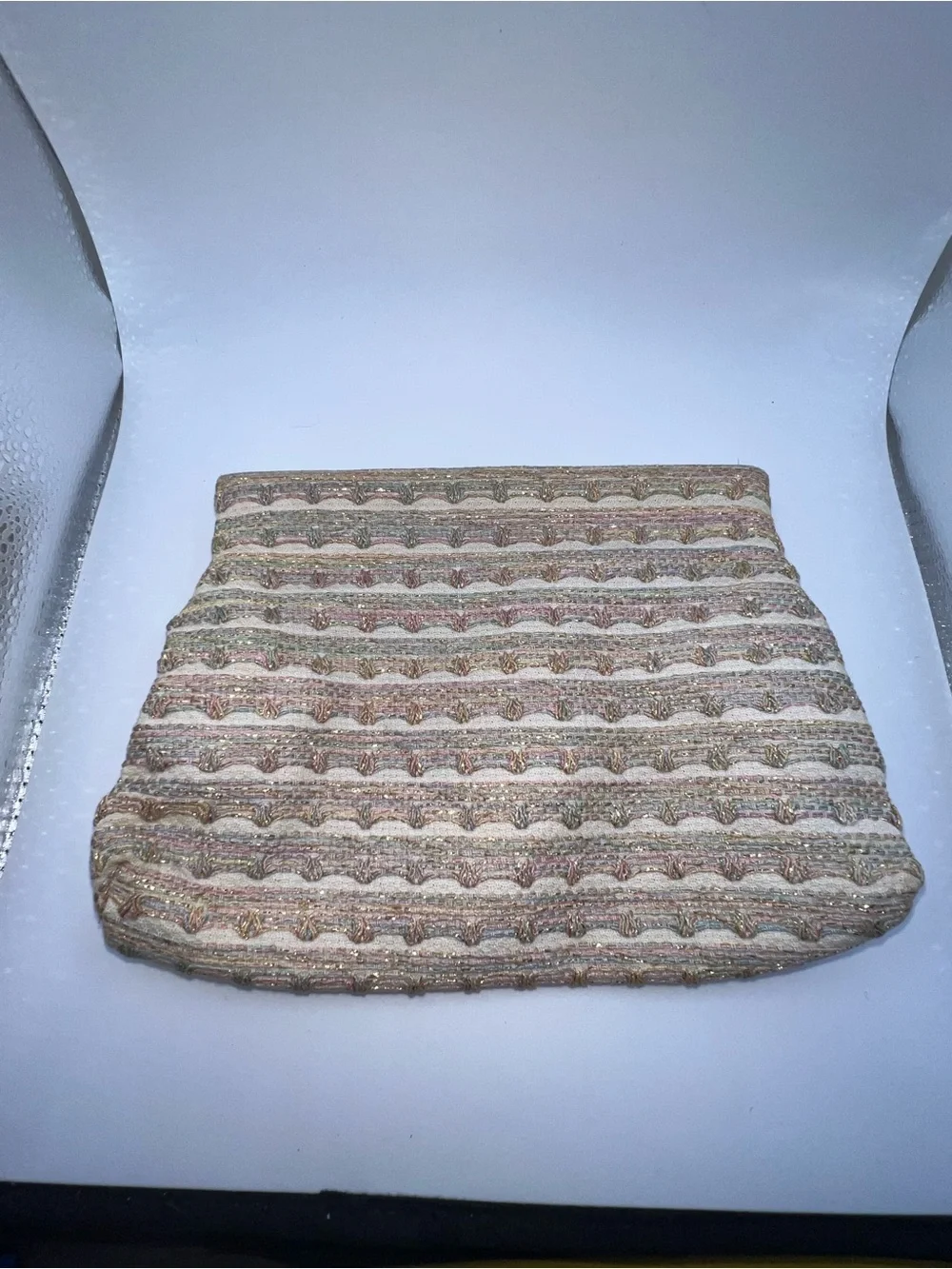 Woven Neutral Striped Evening Clutch - Beige and Gold